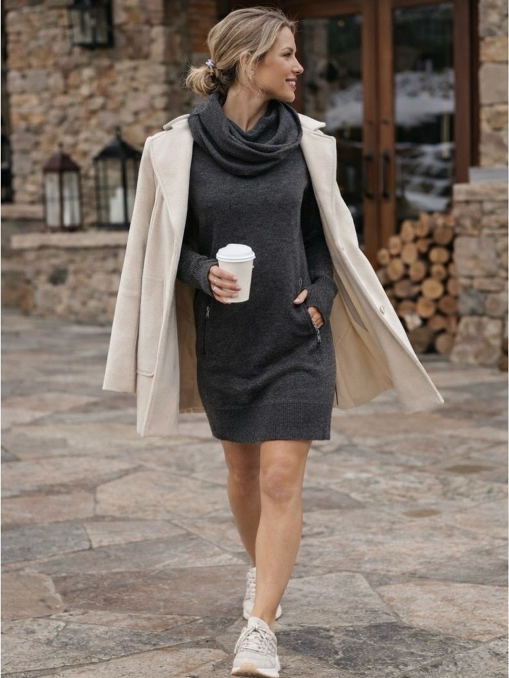 Telluride Sweater Dress Cowl Neck Wool Blend  Zip Pockets Gray M Athleisure